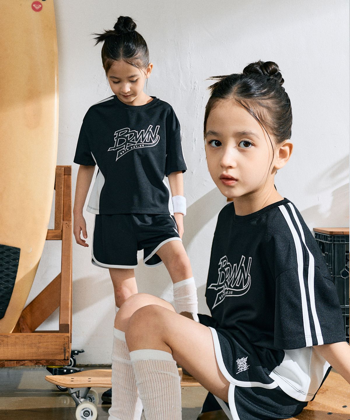 브라운브레스 키즈(BROWNBREATH KIDS) KIDS GIRL MESH MIX CROP TEE SETUP - BLACK