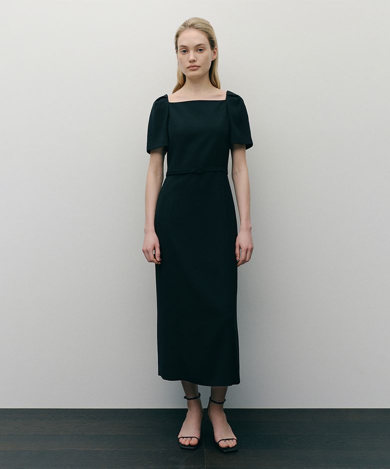 TUCK SLEEVE BELTED DRESS (BLACK)
