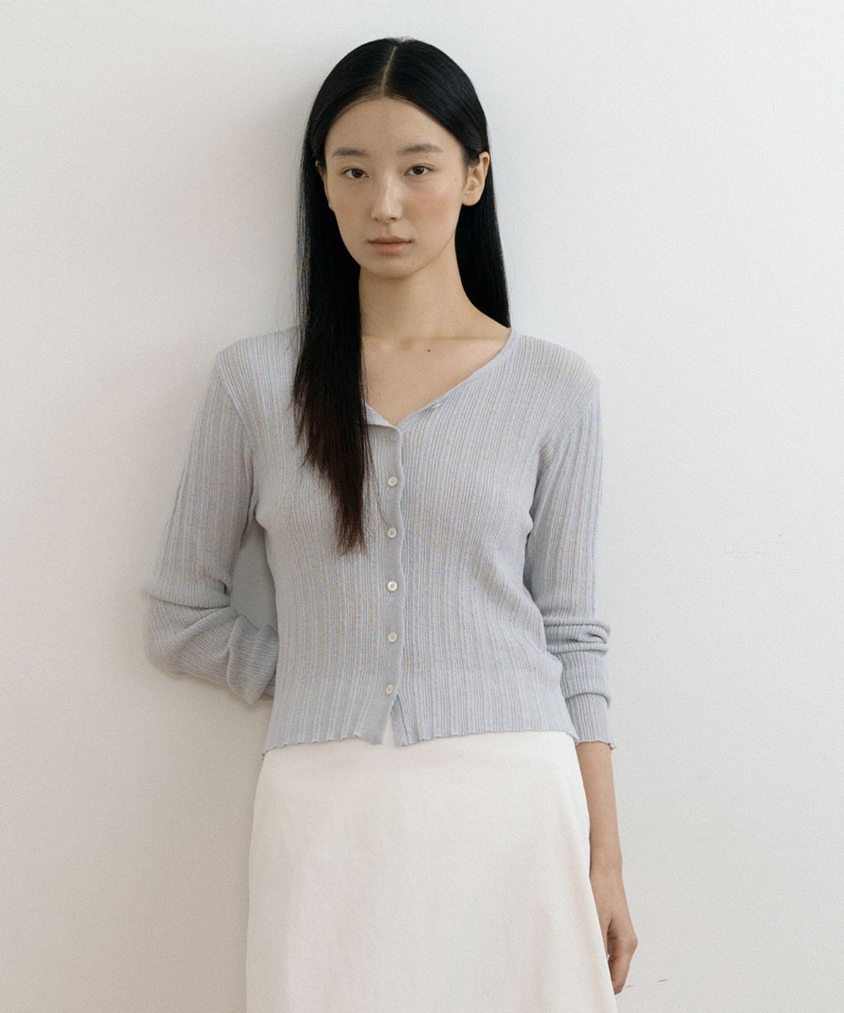 링서울(LINGSEOUL) linen blended ribbed knit cardigan-light gray