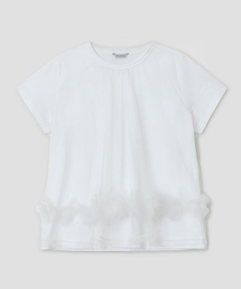Mesh Layered Shirring Ruffle Top [White]