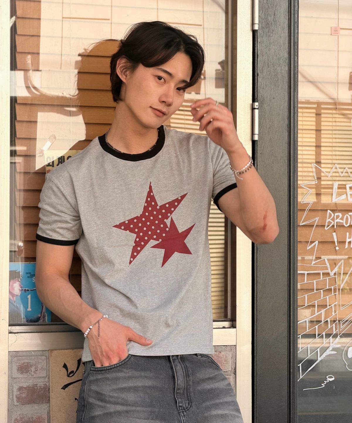 아모우(AMOU) Two Star Ringer T-shirts GRAY