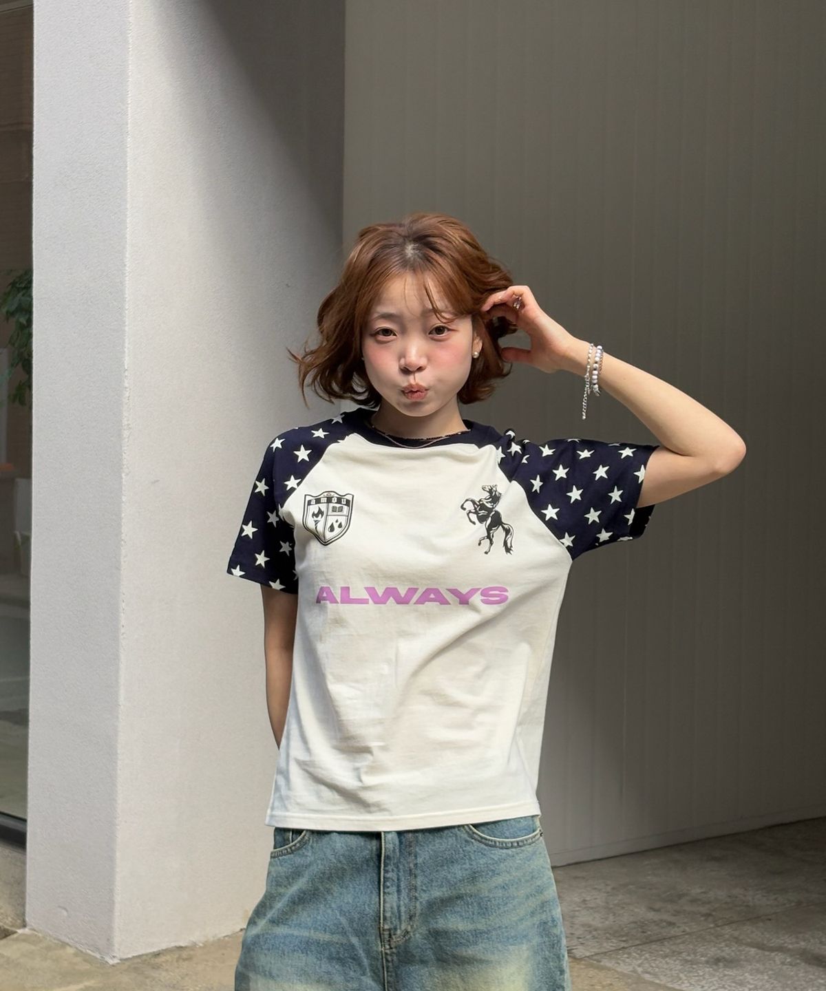 아모우(AMOU) Always Star Reglan T-shirts BLUE