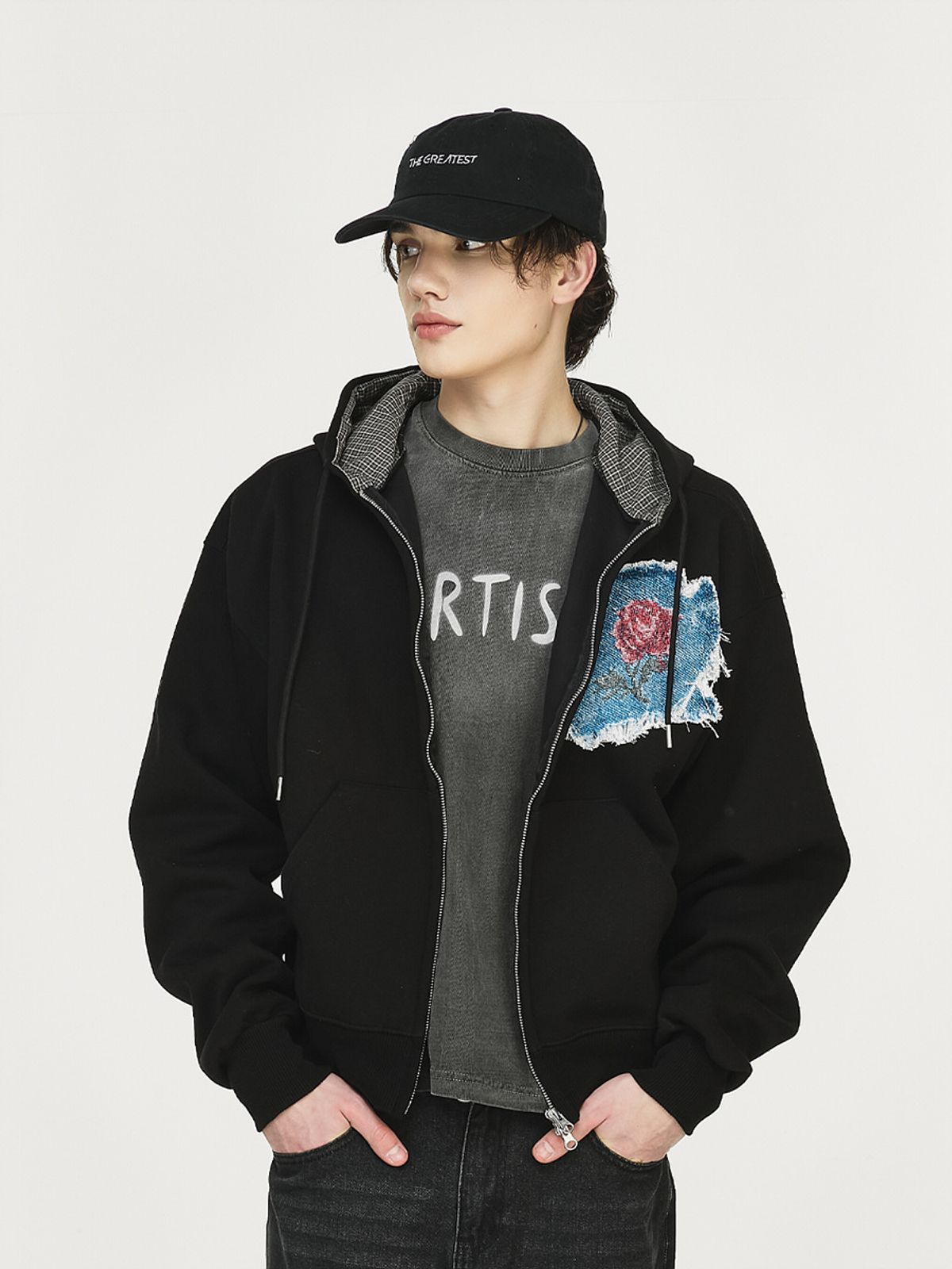 그레이티스트(THE GREATEST) Rose Denim Patch Hoodie Black
