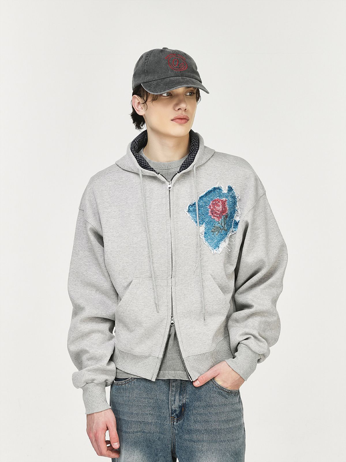 그레이티스트(THE GREATEST) Rose Denim Patch Hoodie Melange