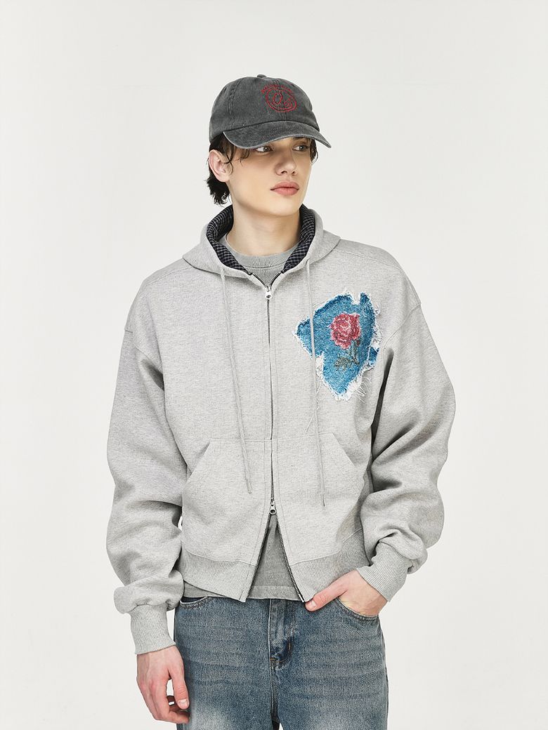 Rose Denim Patch Hoodie Melange