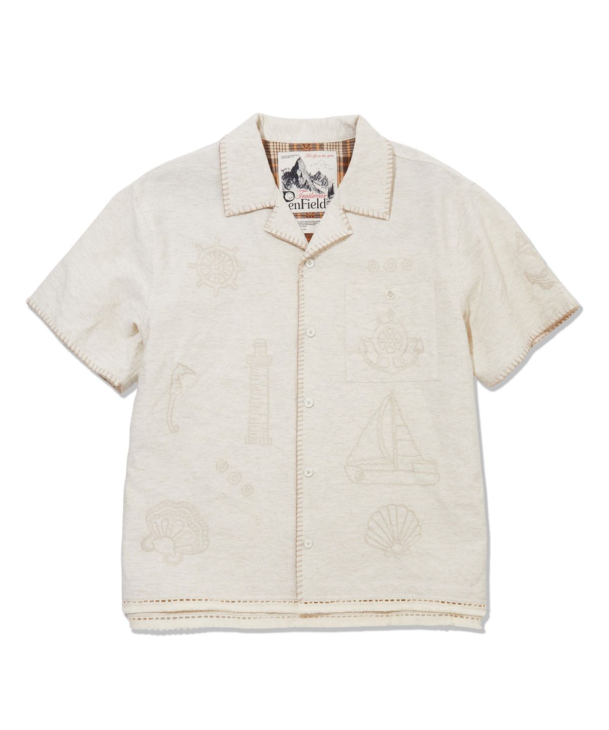 펜필드(PENFIELD) 린넨 마린 두들 엠브로이더리 오픈 카라 하프 셔츠 아이보리_FS2WR30U