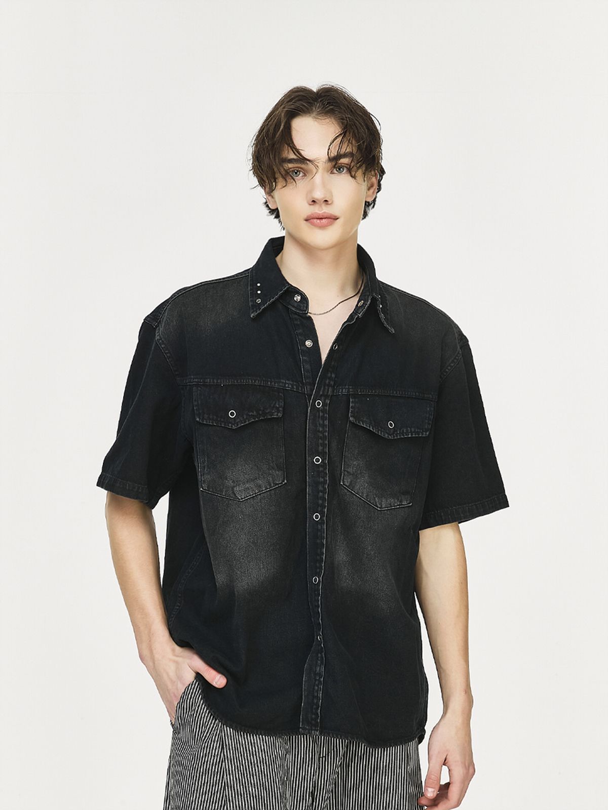 그레이티스트(THE GREATEST) Denim Half Shirt Black