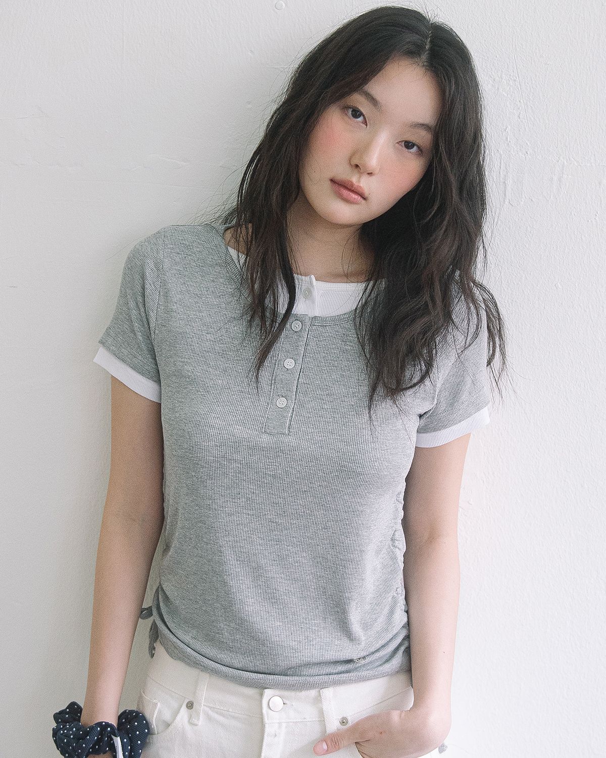 해비즘(HAVISM) DOUBLE HENLEY NECK S/S TEE(GREY)