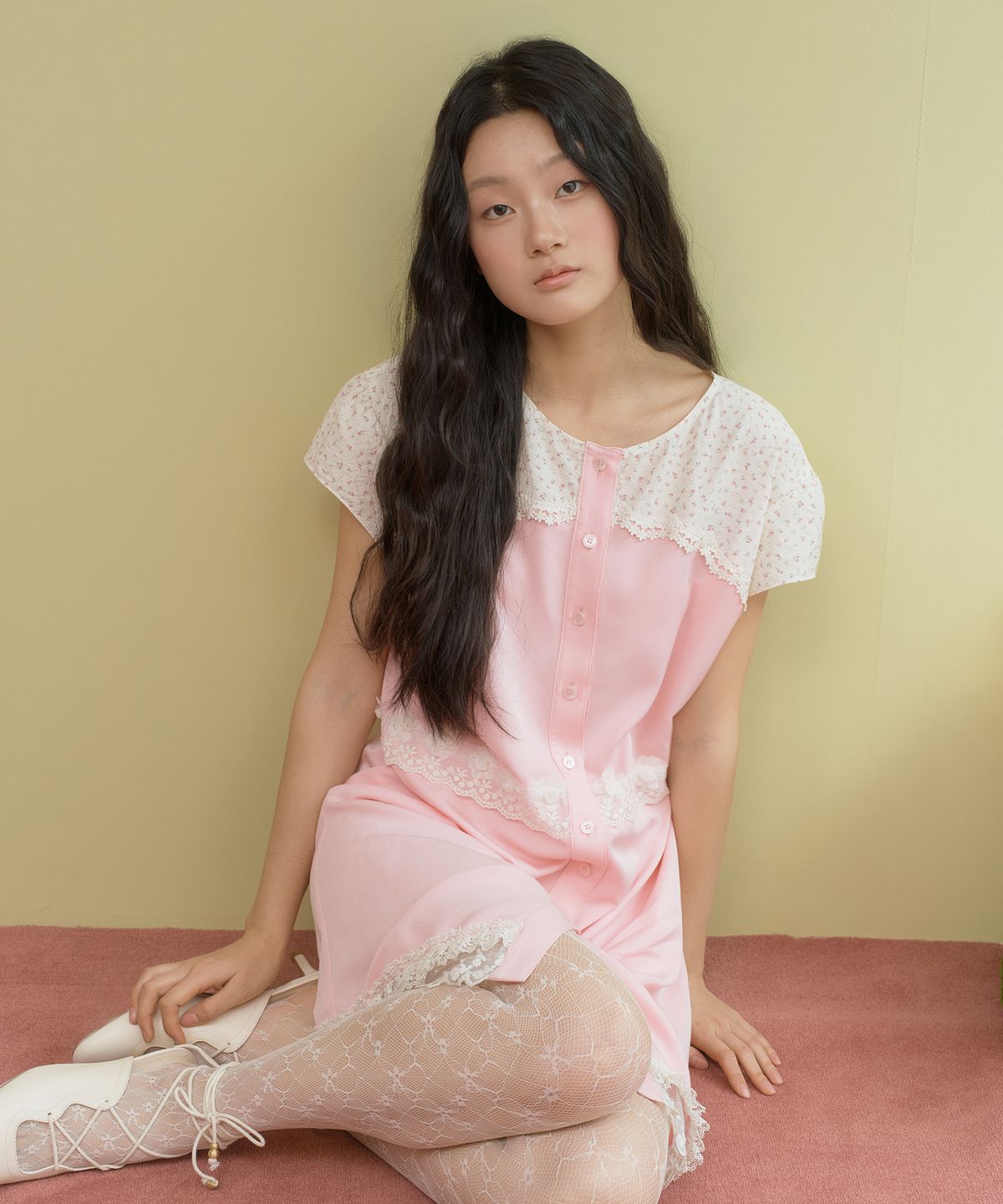 센뉴(SENUE) Flower Lace Cake Shirt Dress (PINK)