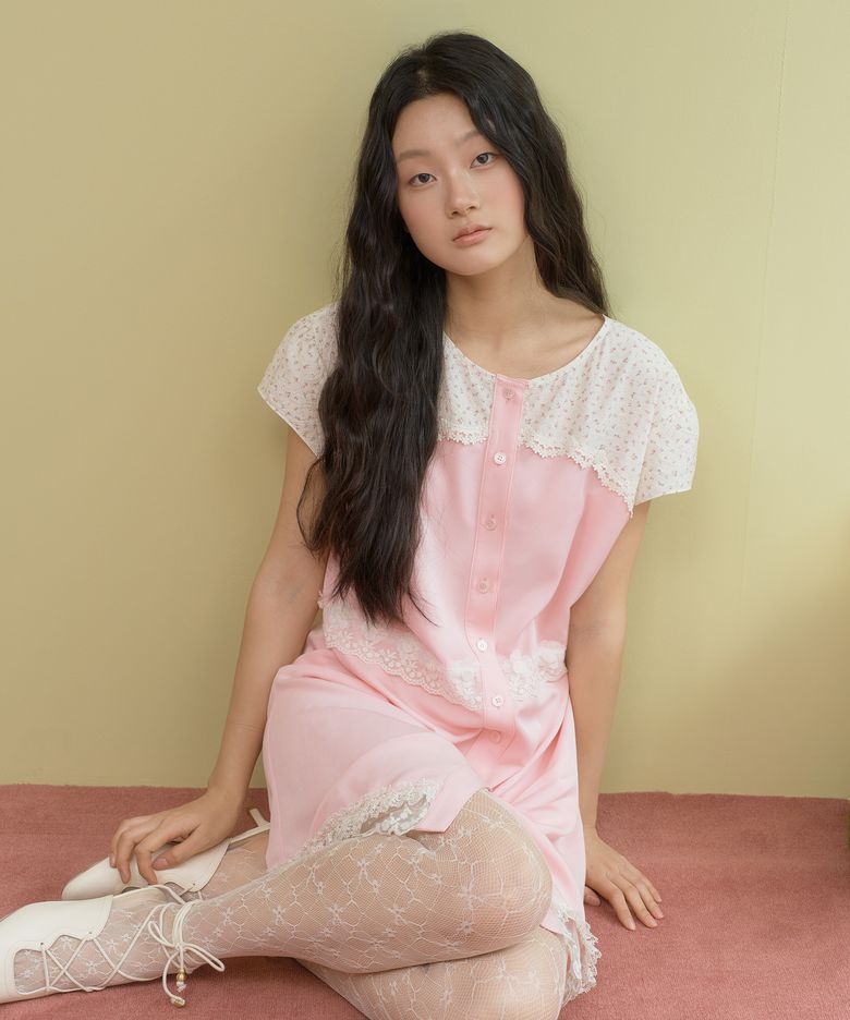 Flower Lace Cake Shirt Dress (PINK)