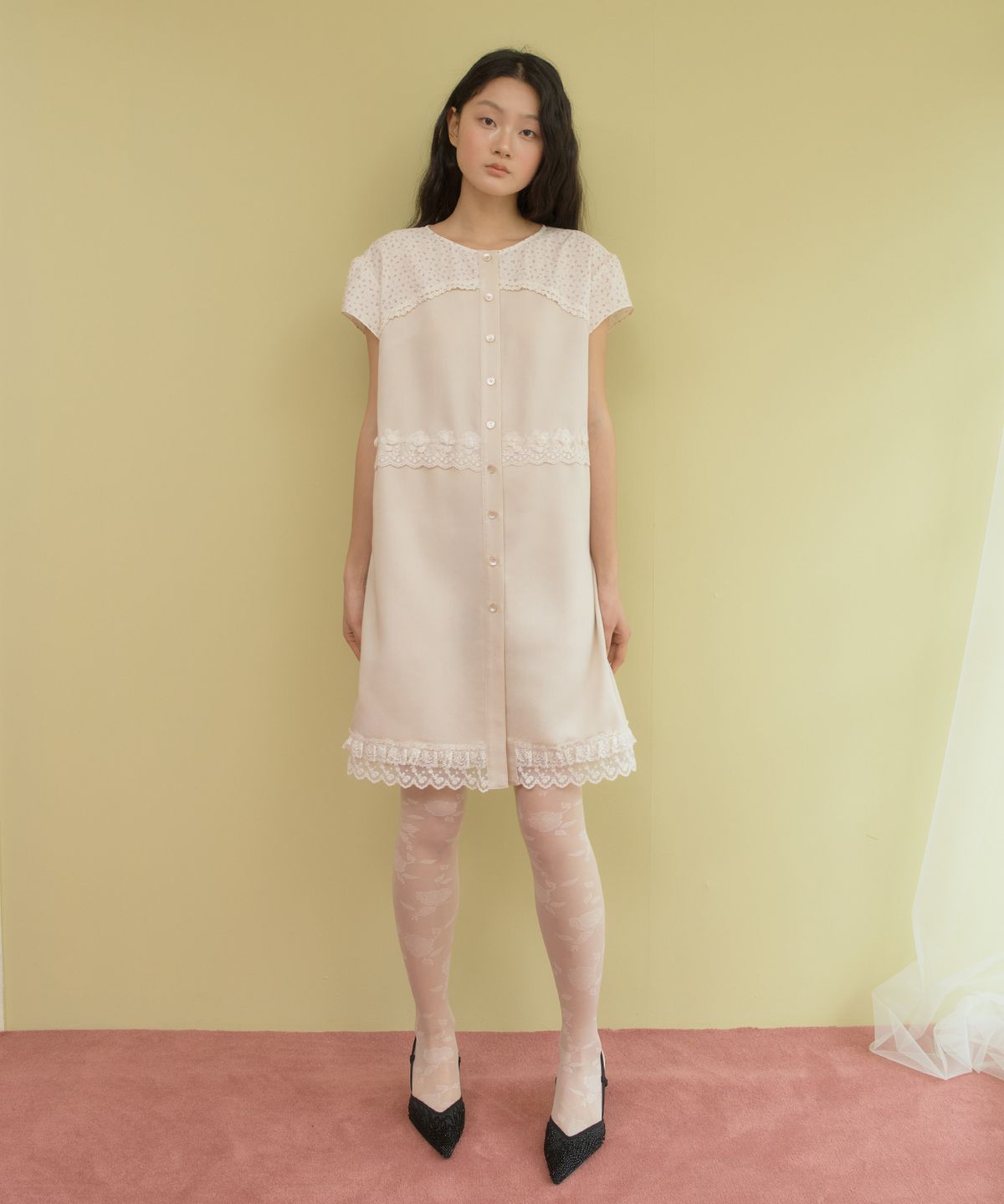 센뉴(SENUE) Flower Lace Cake Shirt Dress (BEIGE)