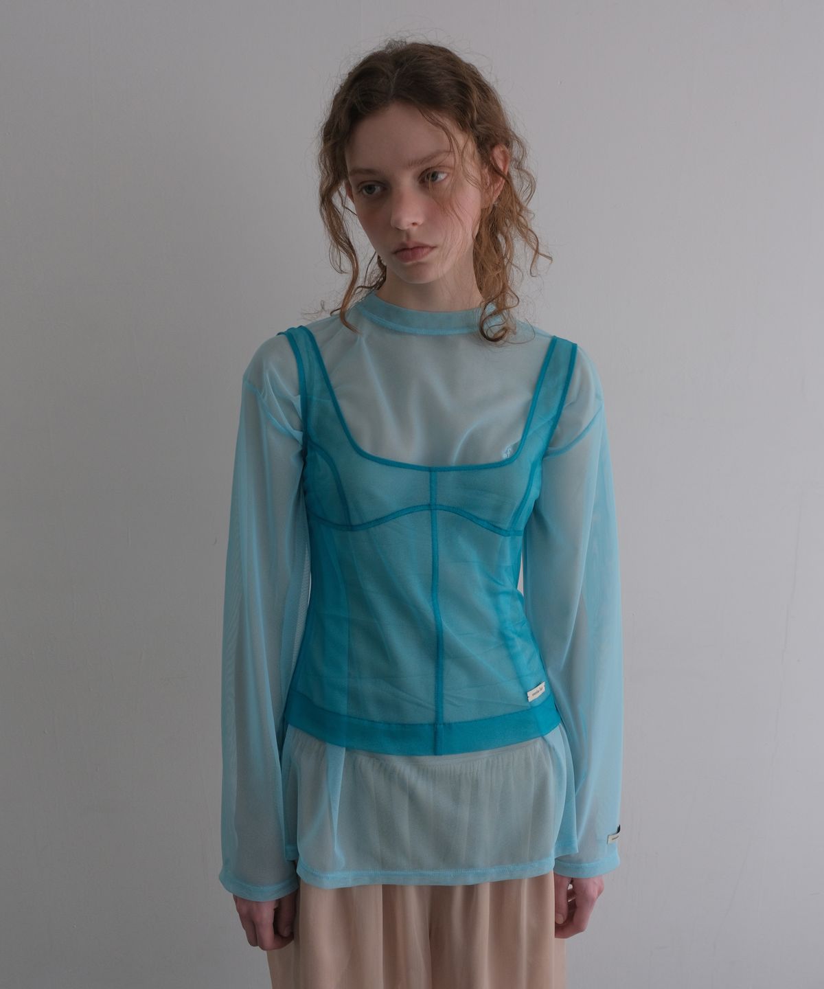 오버듀플레어(OVERDUEFLAIR) MESH CORSET SLEEVELESS_TEAL BLUE