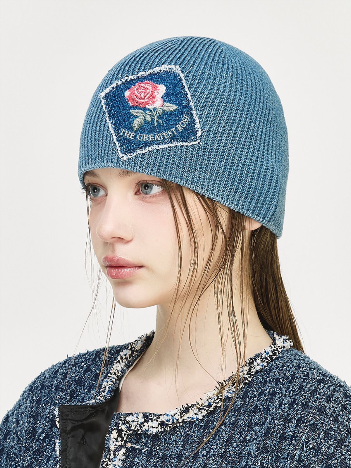 그레이티스트(THE GREATEST) Denim Rose Patch Beanie Dark Blue
