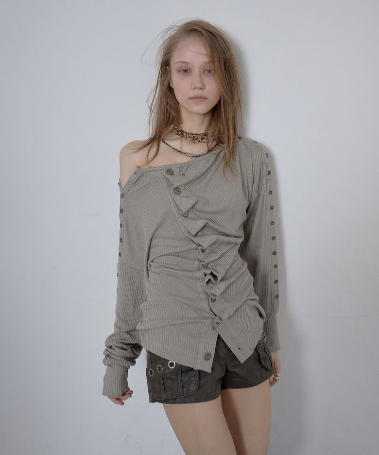 ROUGH EDGE RUFFLE CARDIGAN / KHAKI
