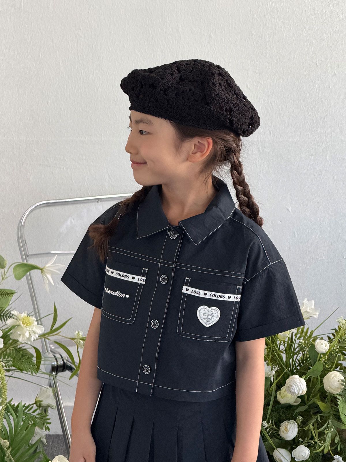 베네통키즈(BENETTONKIDS) 스티치 포인트 크롭 셔츠_QAWS10631NY