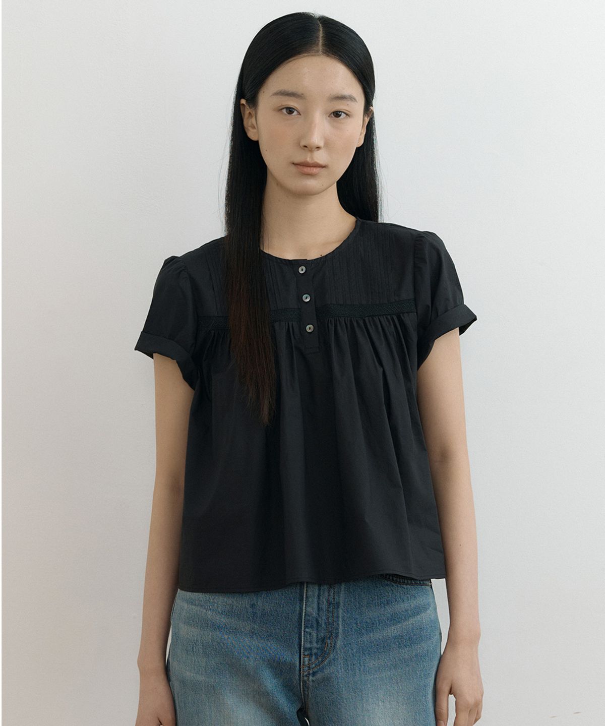 링서울(LINGSEOUL) pleats shirring blouse-black