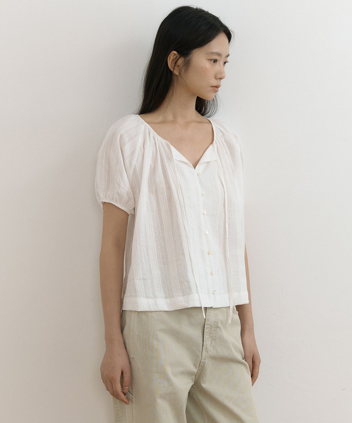 링서울(LINGSEOUL) jacquard shirring string blouse-ivory