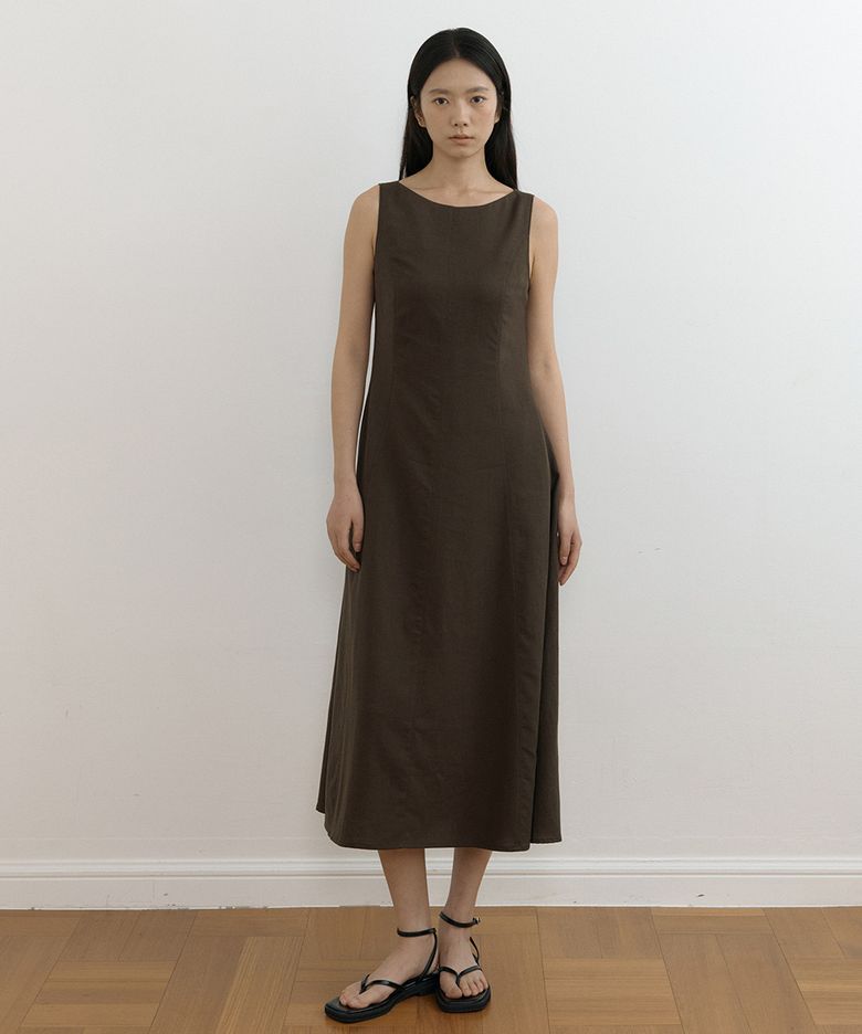 linen sleeveless boat neck long flare dress-brown