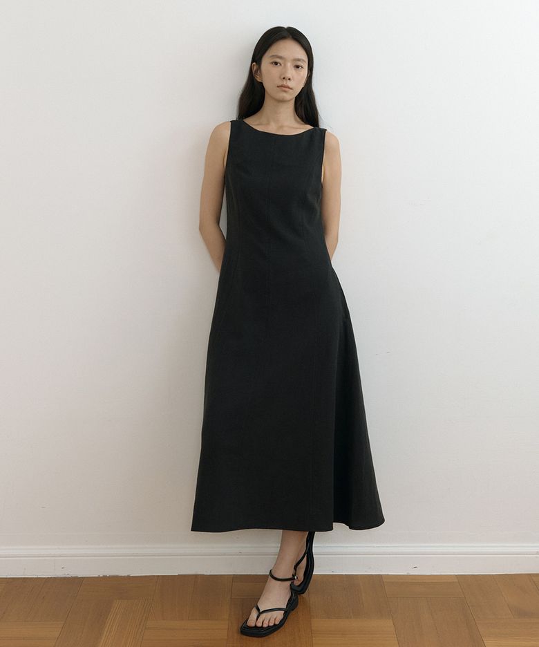 linen sleeveless boat neck long flare dress-black