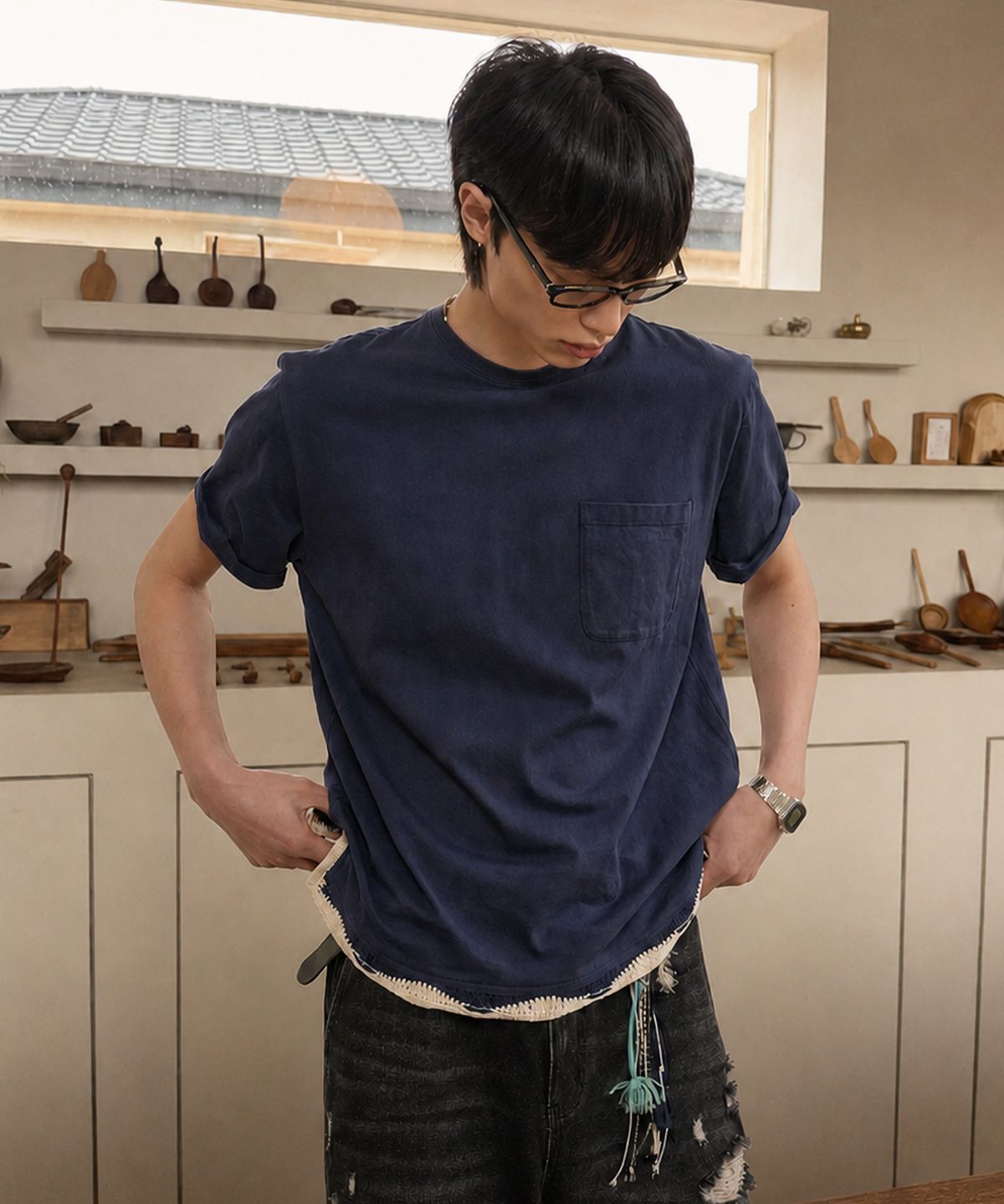 제너럴아이디어(GENERALIDEA) UNISEX 핸드 니트 레이어드 티셔츠 [2COL] / GF1UTS007