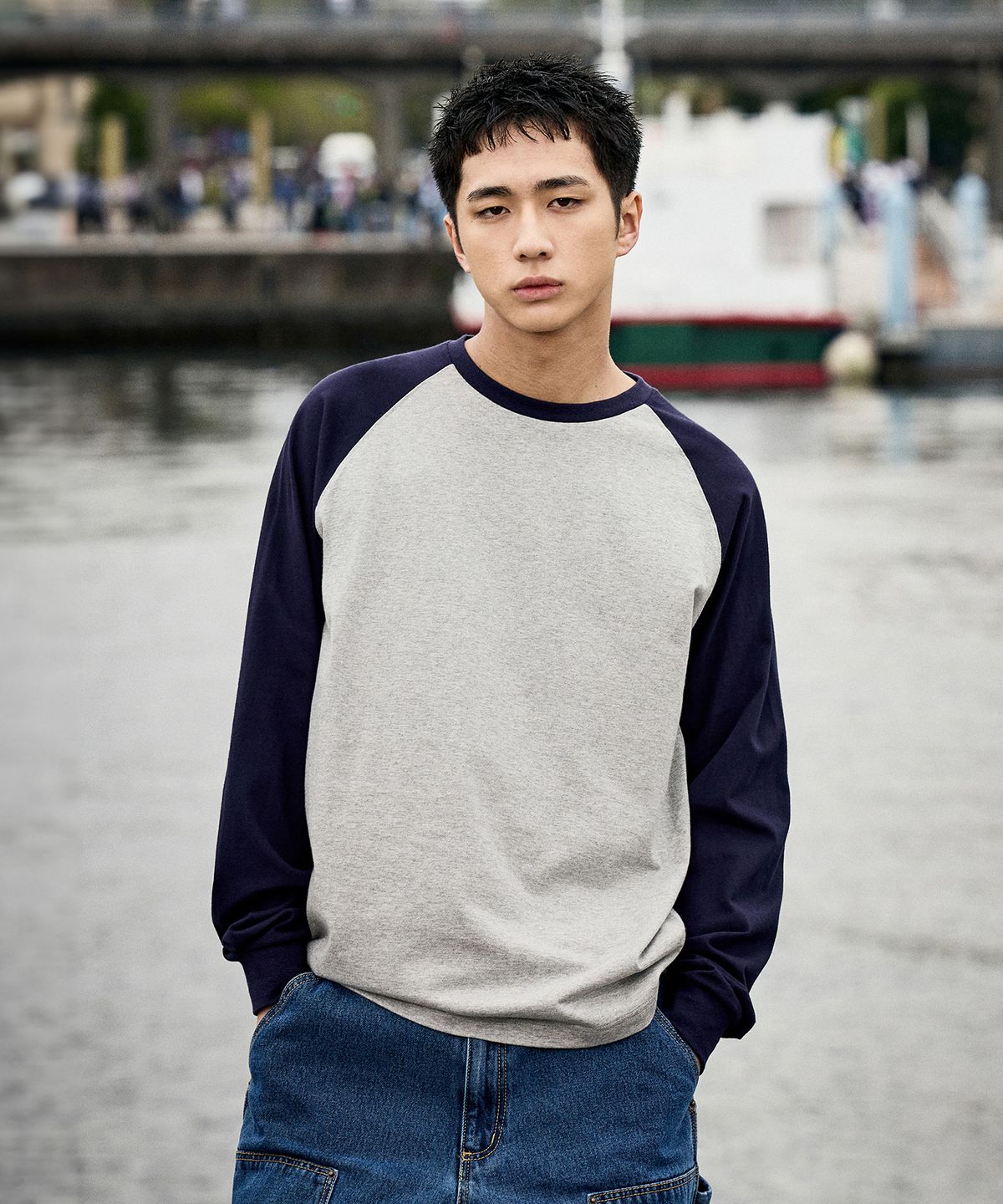 미니멀프로젝트(MINIMALPROJECT) 언더 로그 래글런 긴팔 티셔츠 MLT122 [GRAY/NAVY]