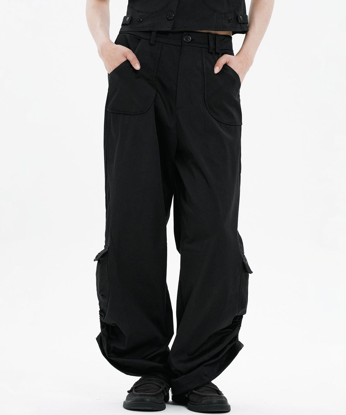 하나히(HANAHI) Side shirring pocket wide pants BLACK