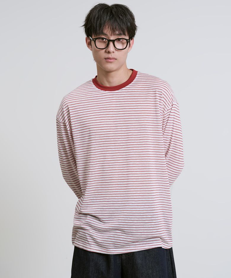 배색 스트라이프 라운드 긴팔 티셔츠 2color