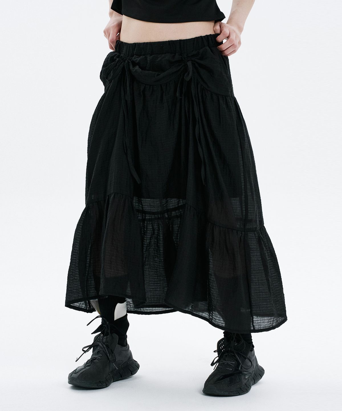 하나히(HANAHI) Front shirred tiered skirt BLACK