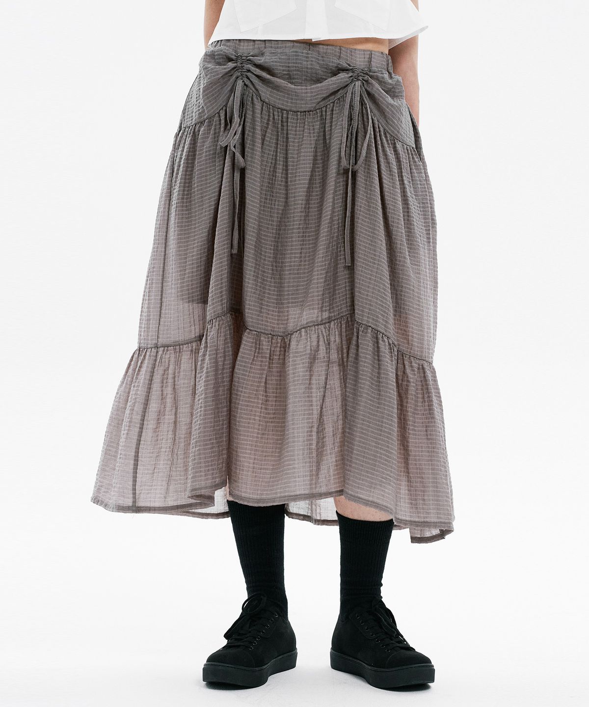 하나히(HANAHI) Front shirred tiered skirt GREY