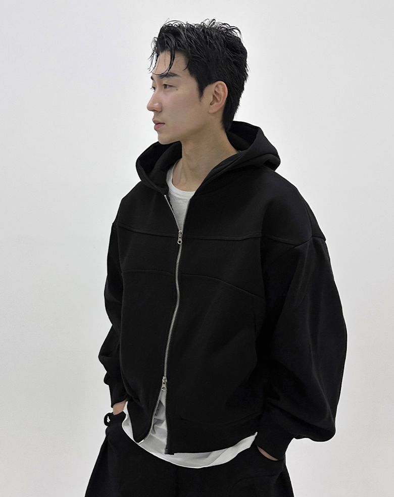 커브드 라인 후드 스웻 집업 _ 블랙