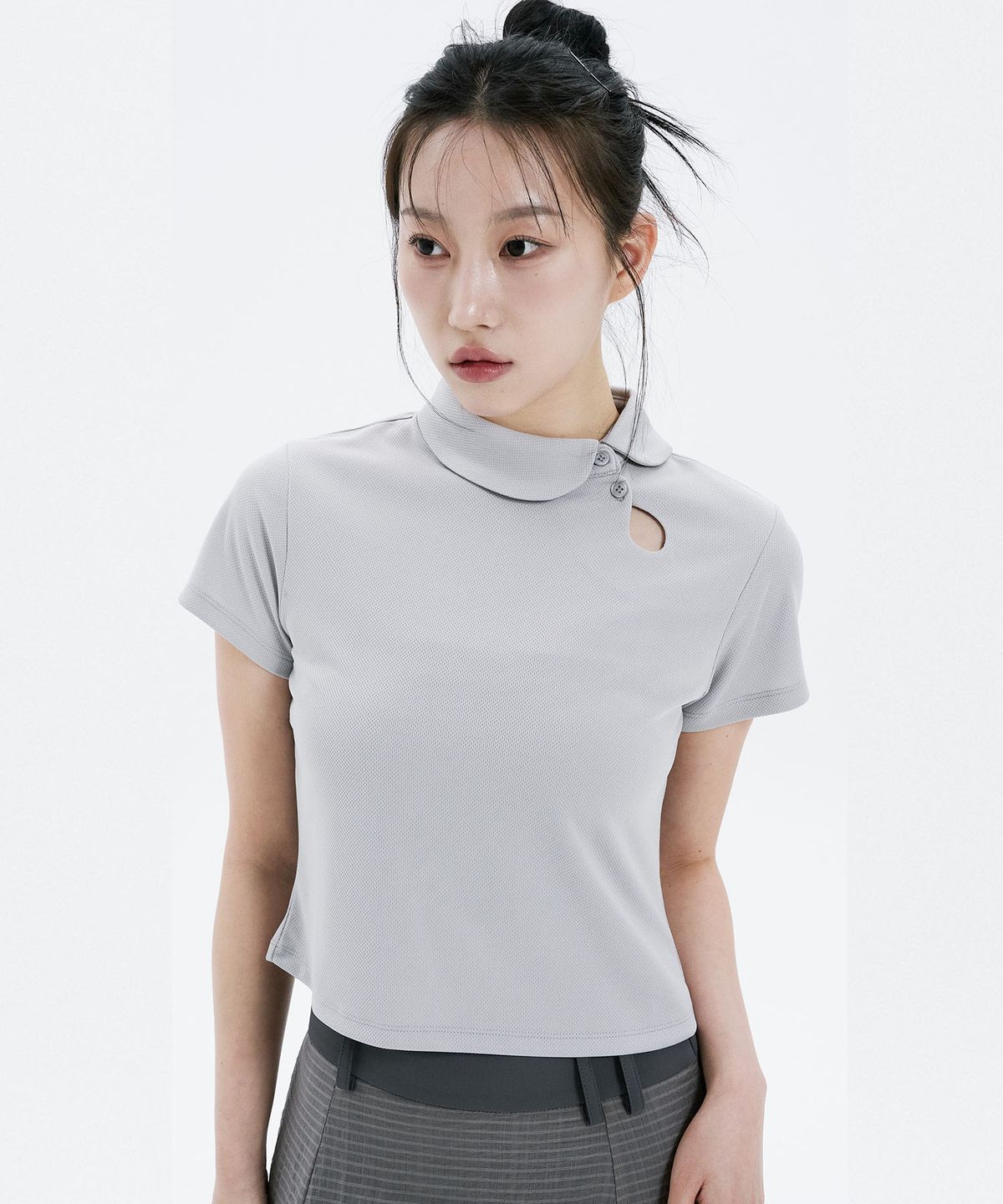 하나히(HANAHI) Polka dot round collar tee GREY