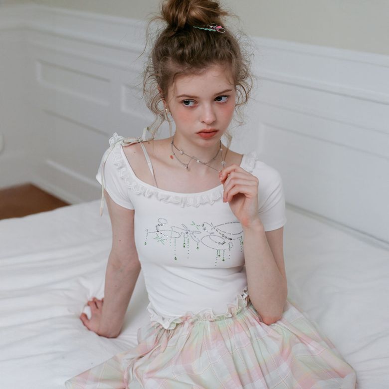 Cest_Rhinestone off-shoulder cropped top