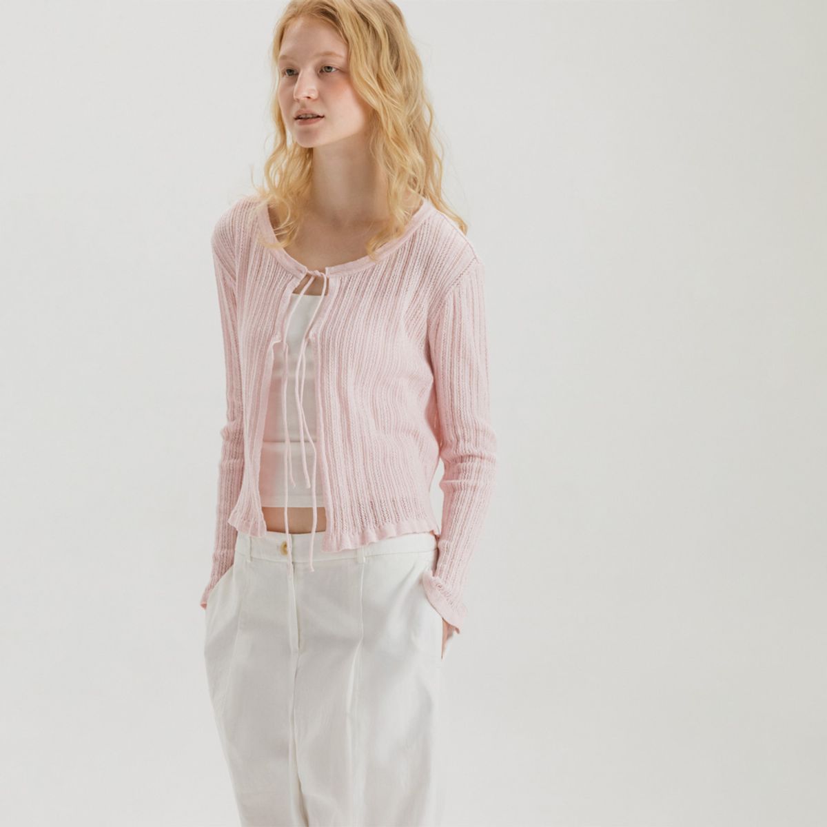 아바몰리(AVA MOLLI) Rib Knit Tie Cardigan (BABY PINK)