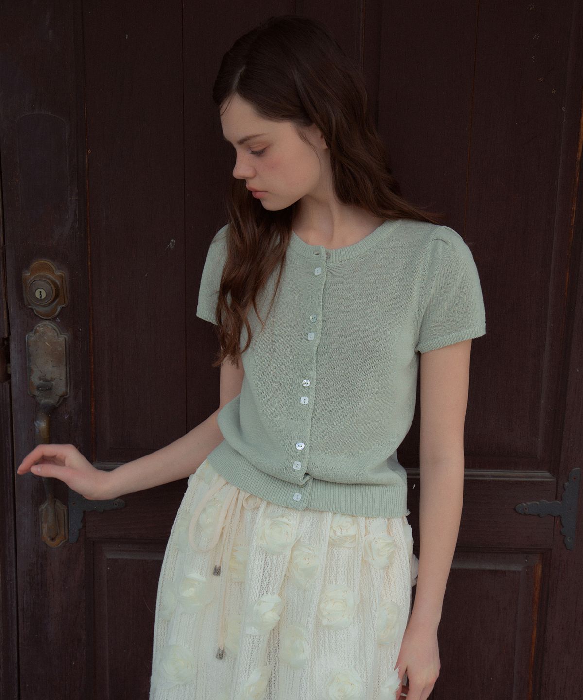 아우어노스텔지아(OURNOSTALGIA) Lovie Puff Knit Cardigan_Soft Mint(OC26KN23)