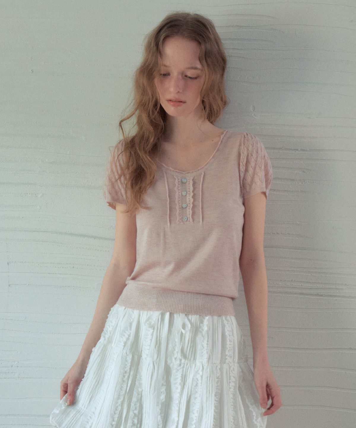 아우어노스텔지아(OURNOSTALGIA) Rielle Summer Wool Half Knit_Soft Pink(OC26KN25)