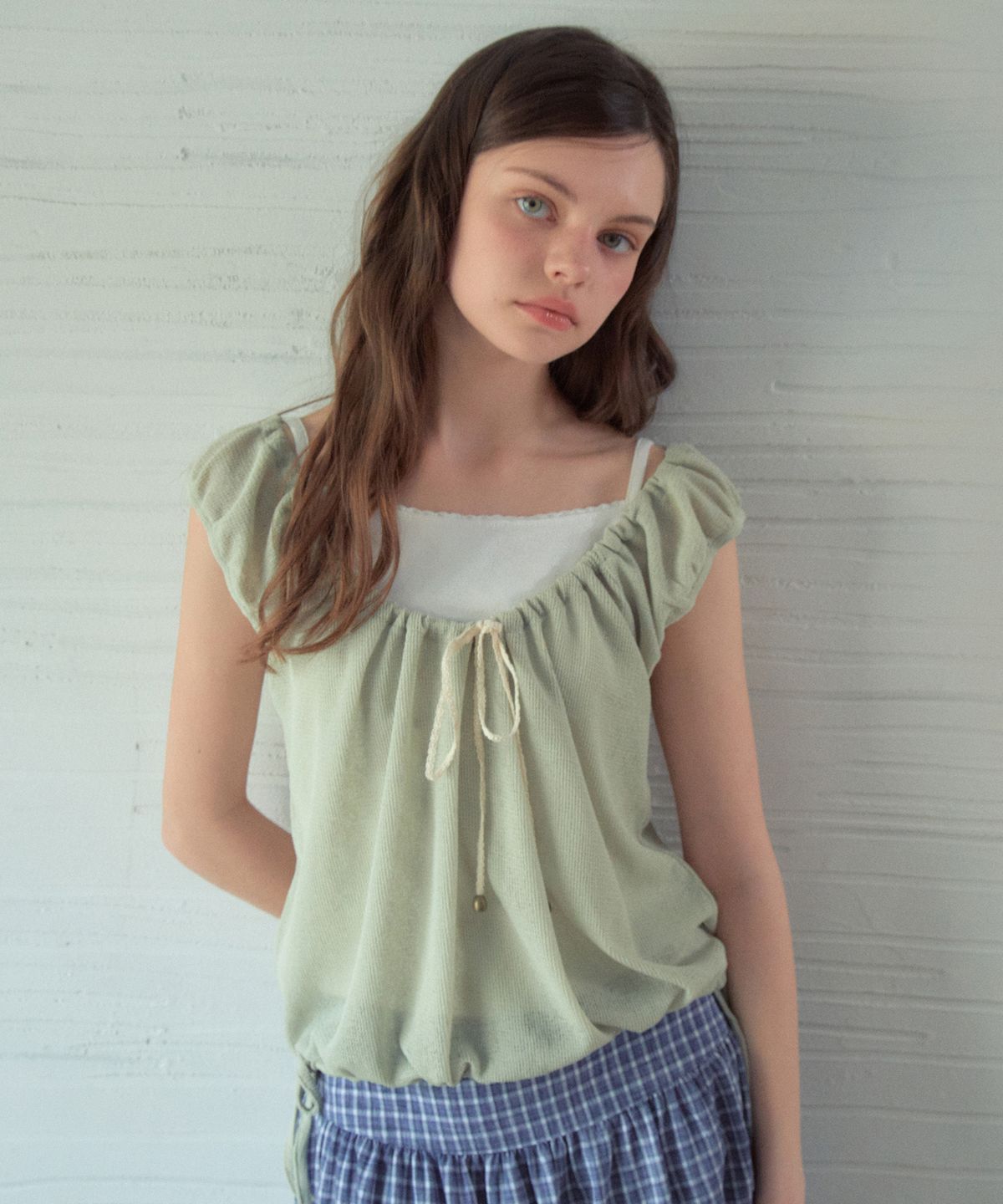 아우어노스텔지아(OURNOSTALGIA) Net Layered T-Shirt_Milk Green(OB6TP06)
