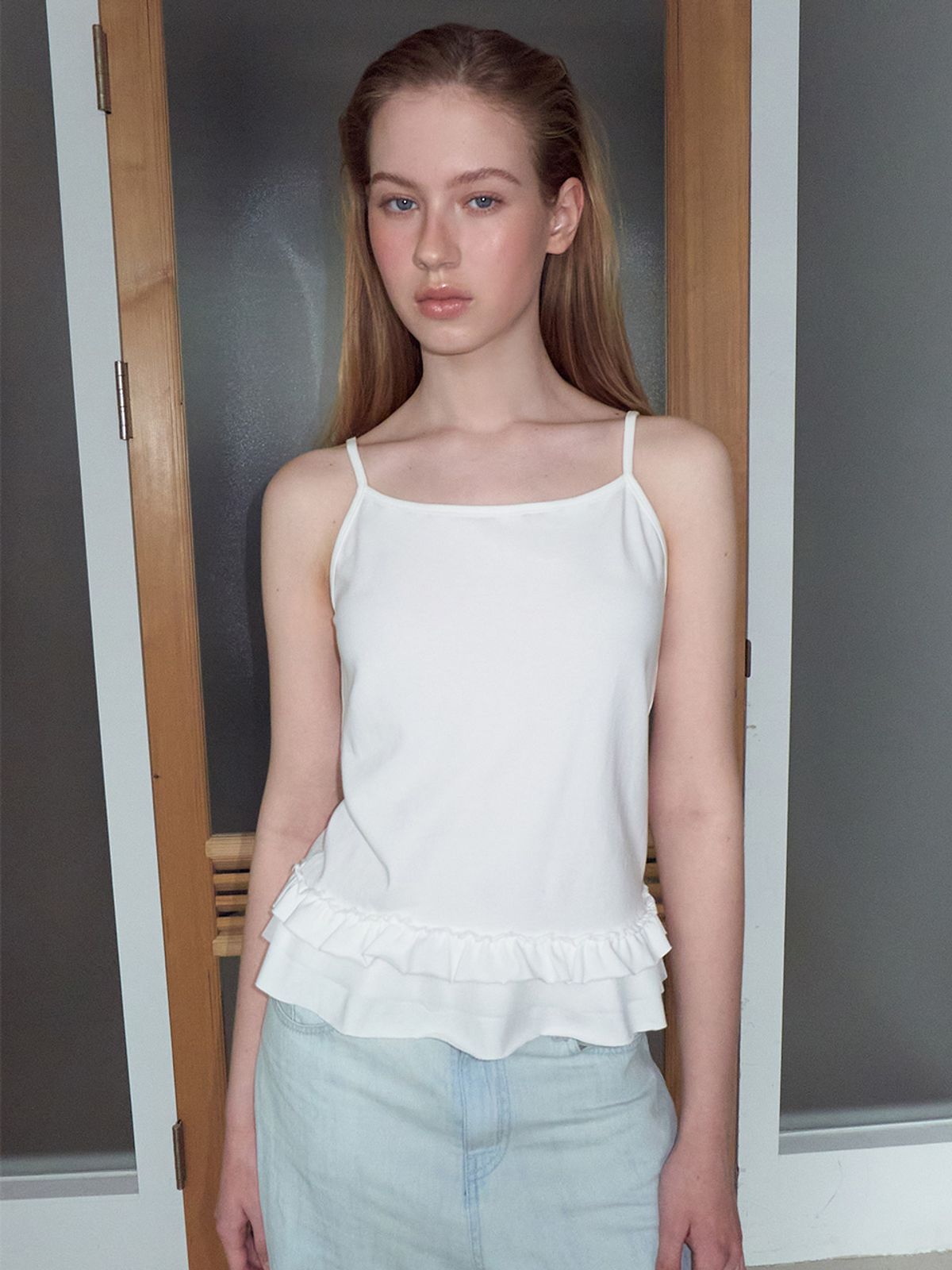 에트몽(ETMON) Mixed Frill Sleeveless Top, Ivory