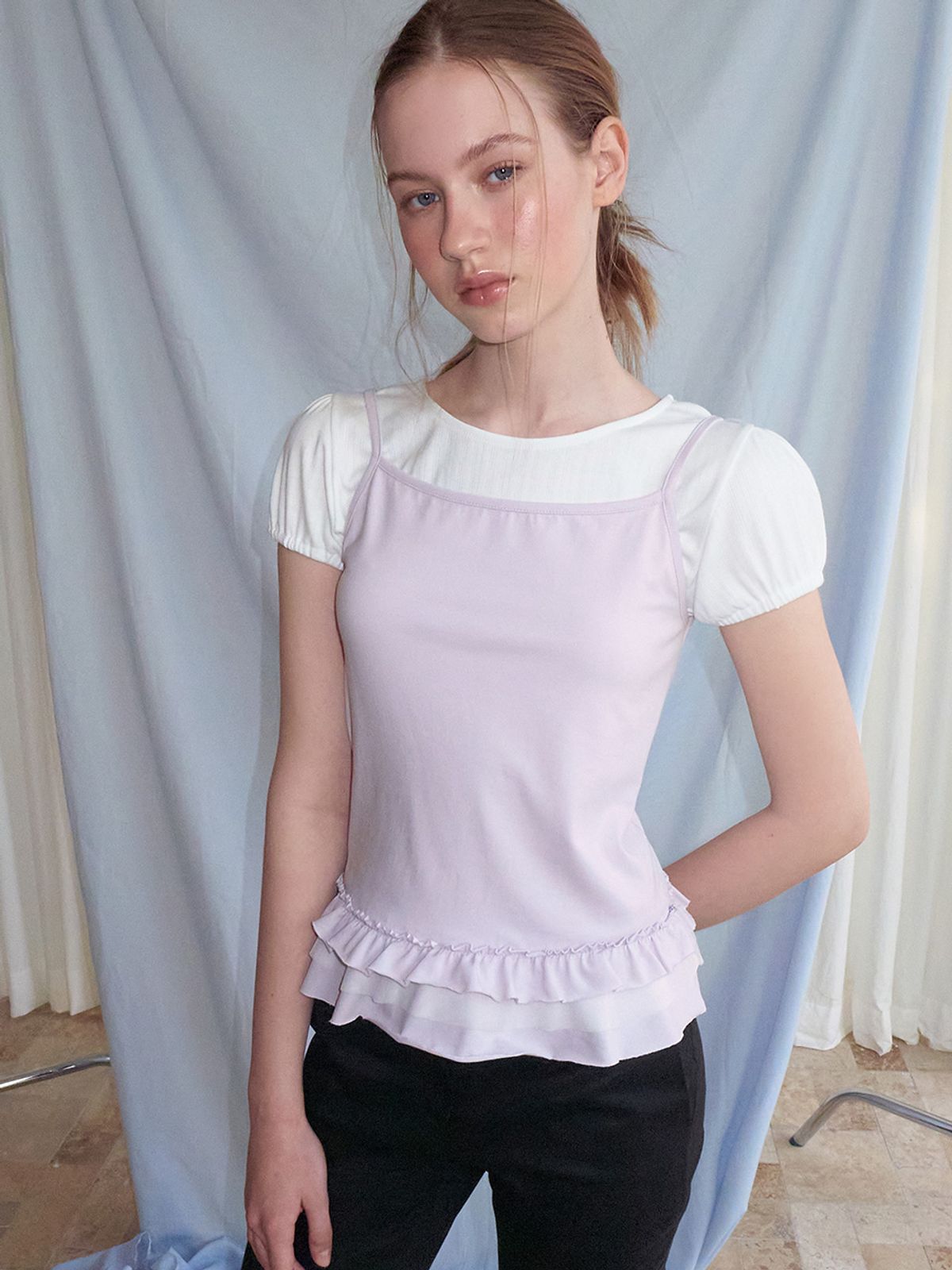 에트몽(ETMON) Mixed Frill Sleeveless Top, Lavender