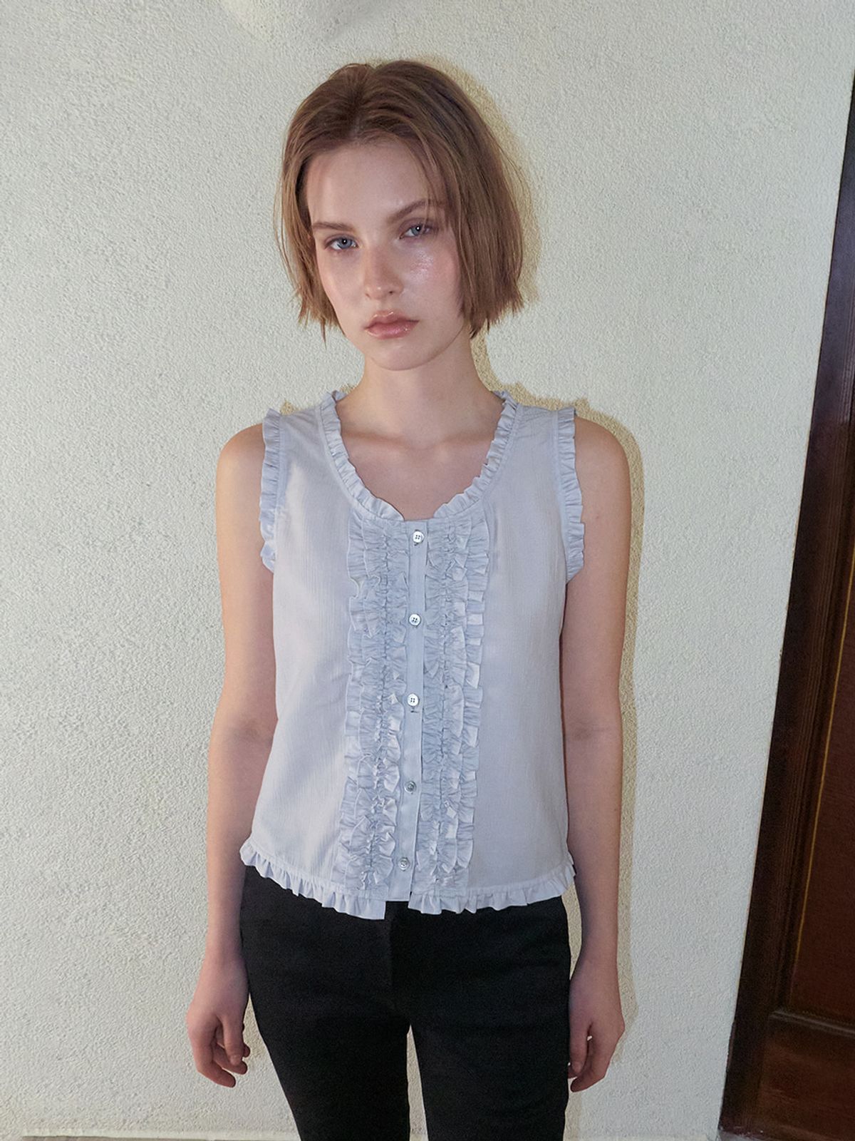 에트몽(ETMON) Double Frill Sleeveless Blouse, Blue Grey
