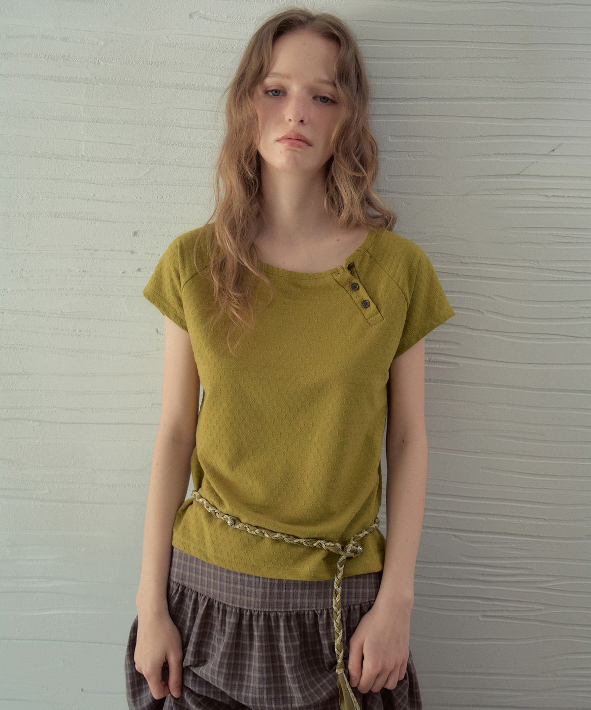 아우어노스텔지아(OURNOSTALGIA) Jacquard Button Half T-Shirt_Vintage Olive(OB6TP15)