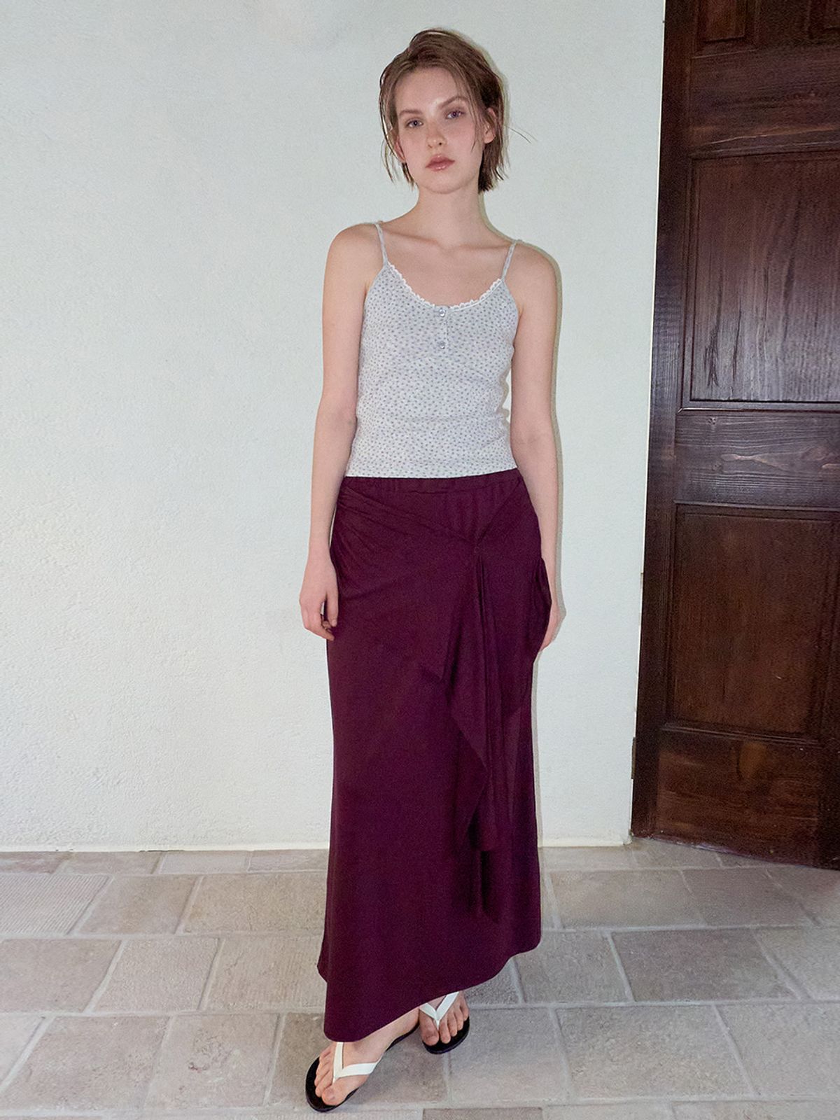 에트몽(ETMON) 2-Way Tie Long Skirt, Wine