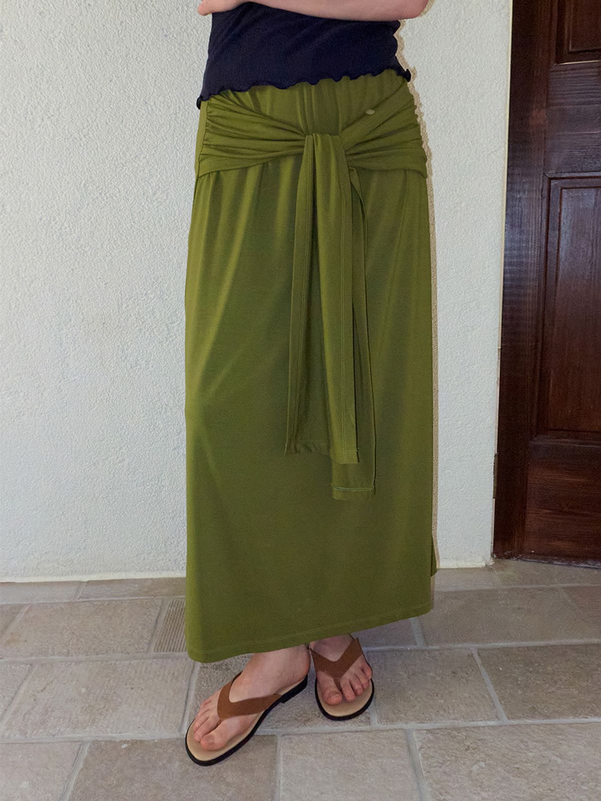 에트몽(ETMON) 2-Way Tie Long Skirt, Olive Green