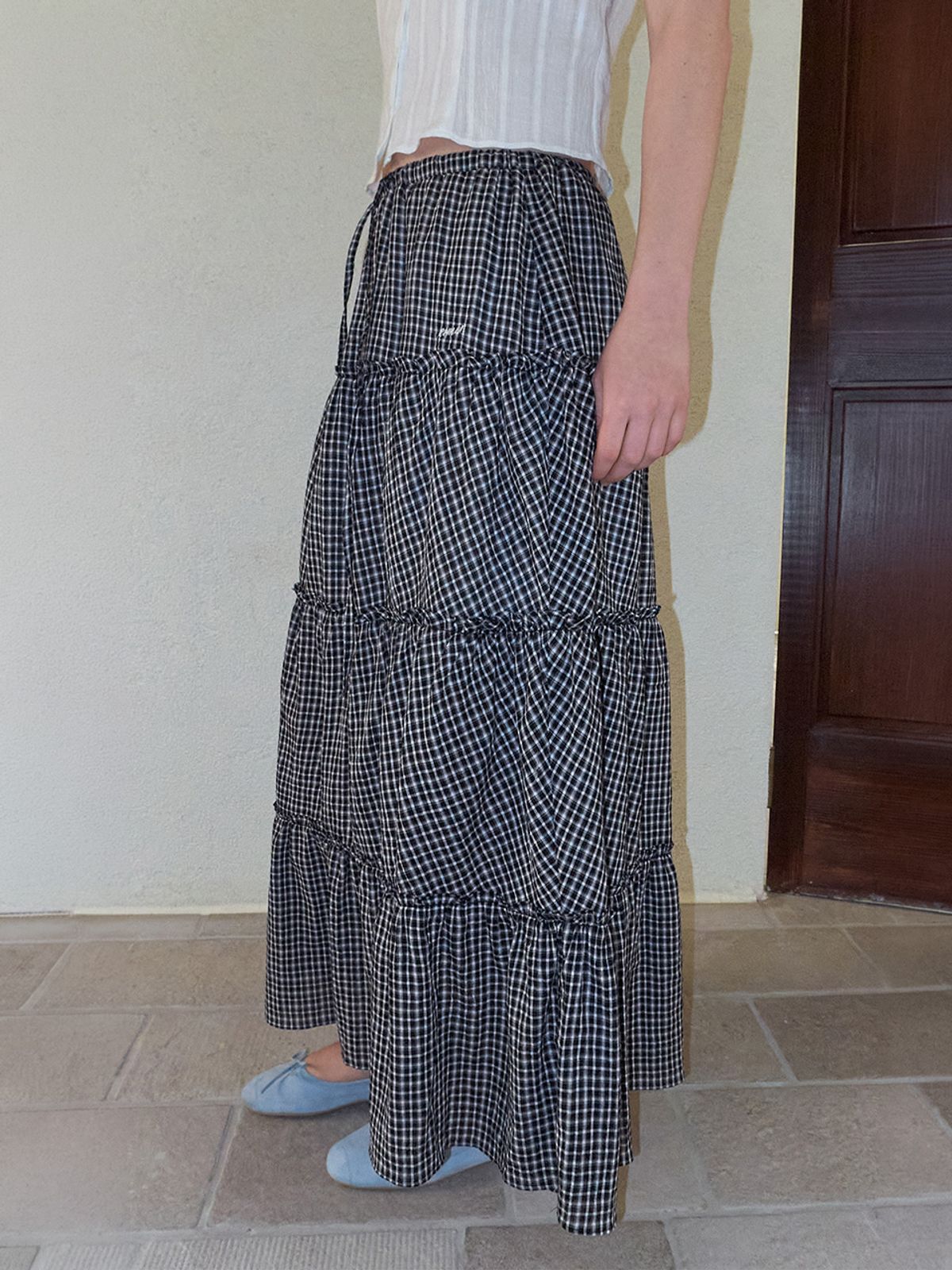 에트몽(ETMON) Check frill Tiered Skirt, Black