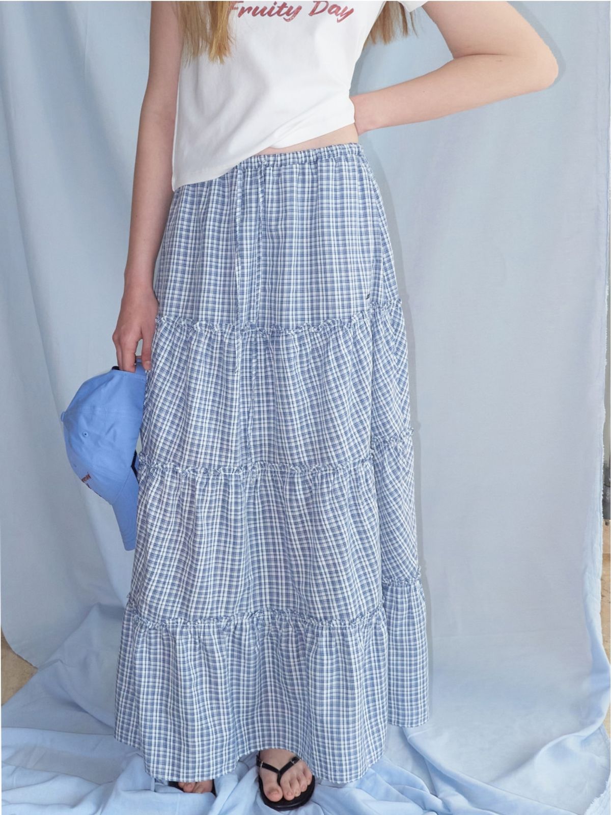 에트몽(ETMON) Check frill Tiered Skirt, Navy