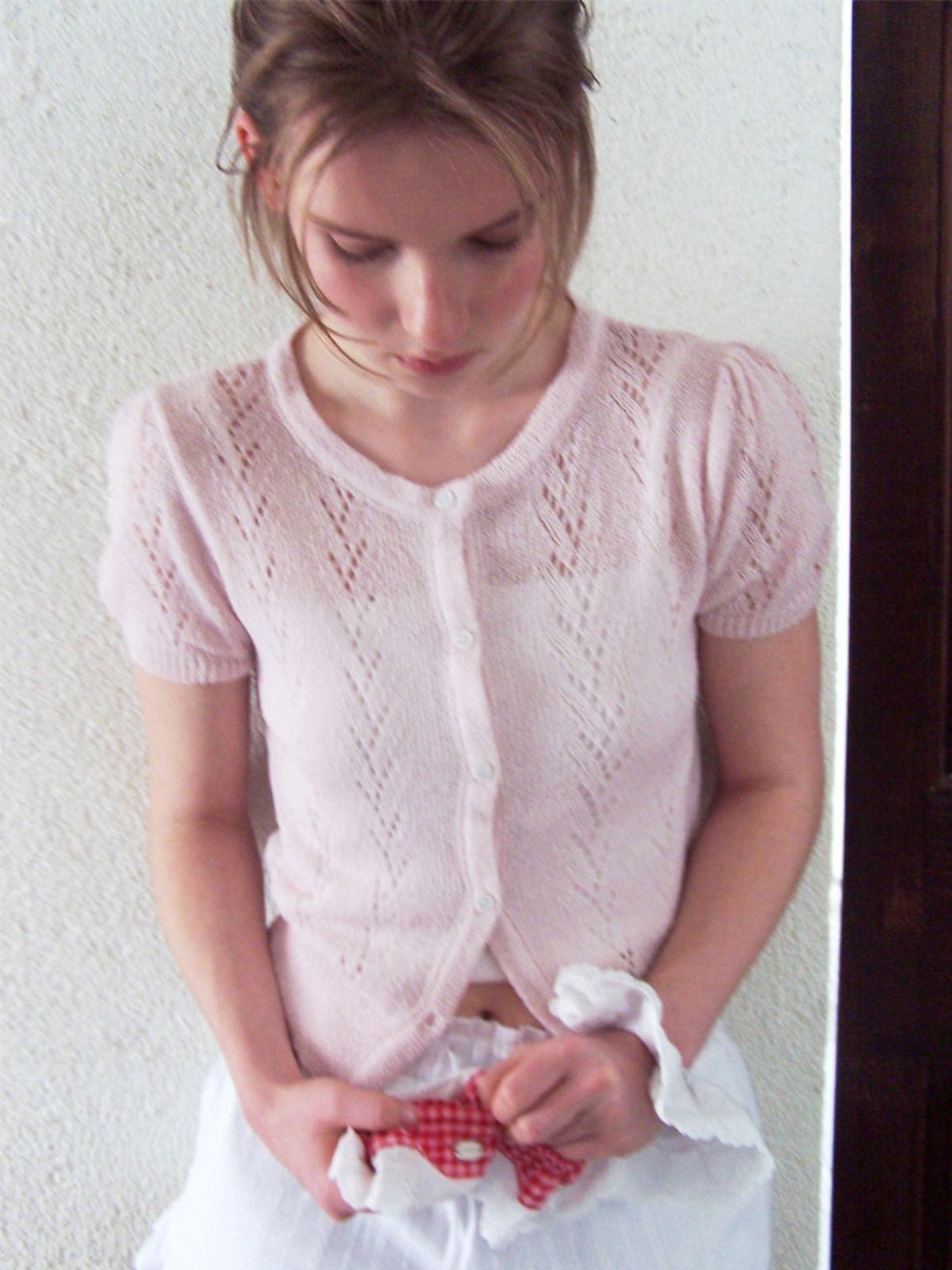 에트몽(ETMON) Crochet Puff Cardigan, Light Pink