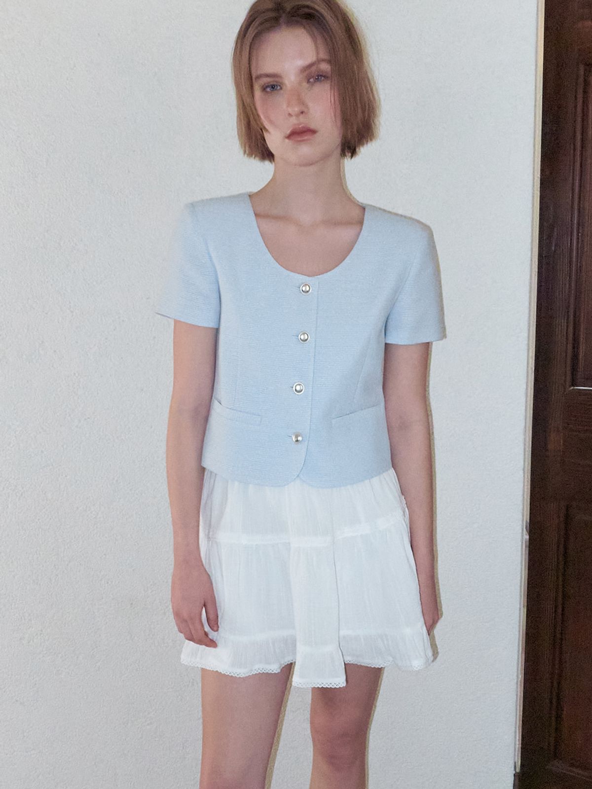 에트몽(ETMON) Summer Round Tweed Jacket, Light Blue