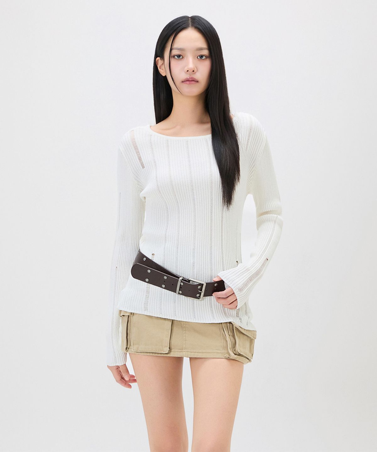 미쏘(MIXXO) 데미지 포인트 긴팔 니트_MIWKAG625T