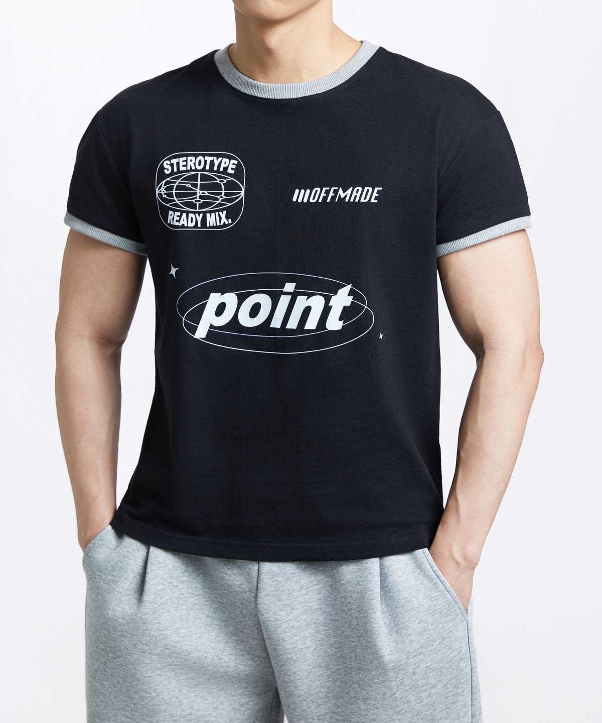 오프메이드(OFFMADE) POINT 세미 머슬핏 크롭 링거 반팔티