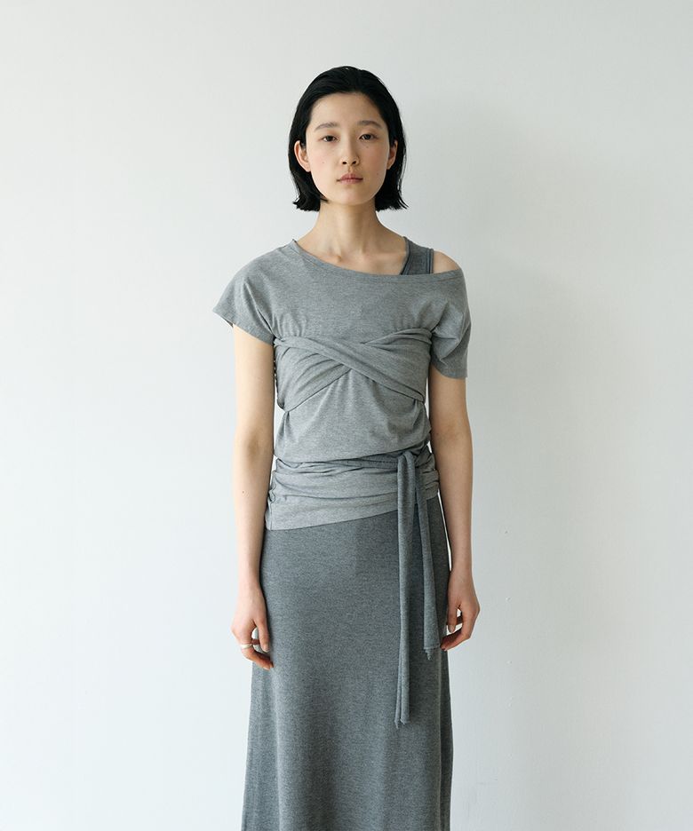 TUBE TOP OFF-SHOULDER T-SHIRT SET UP [GREY]