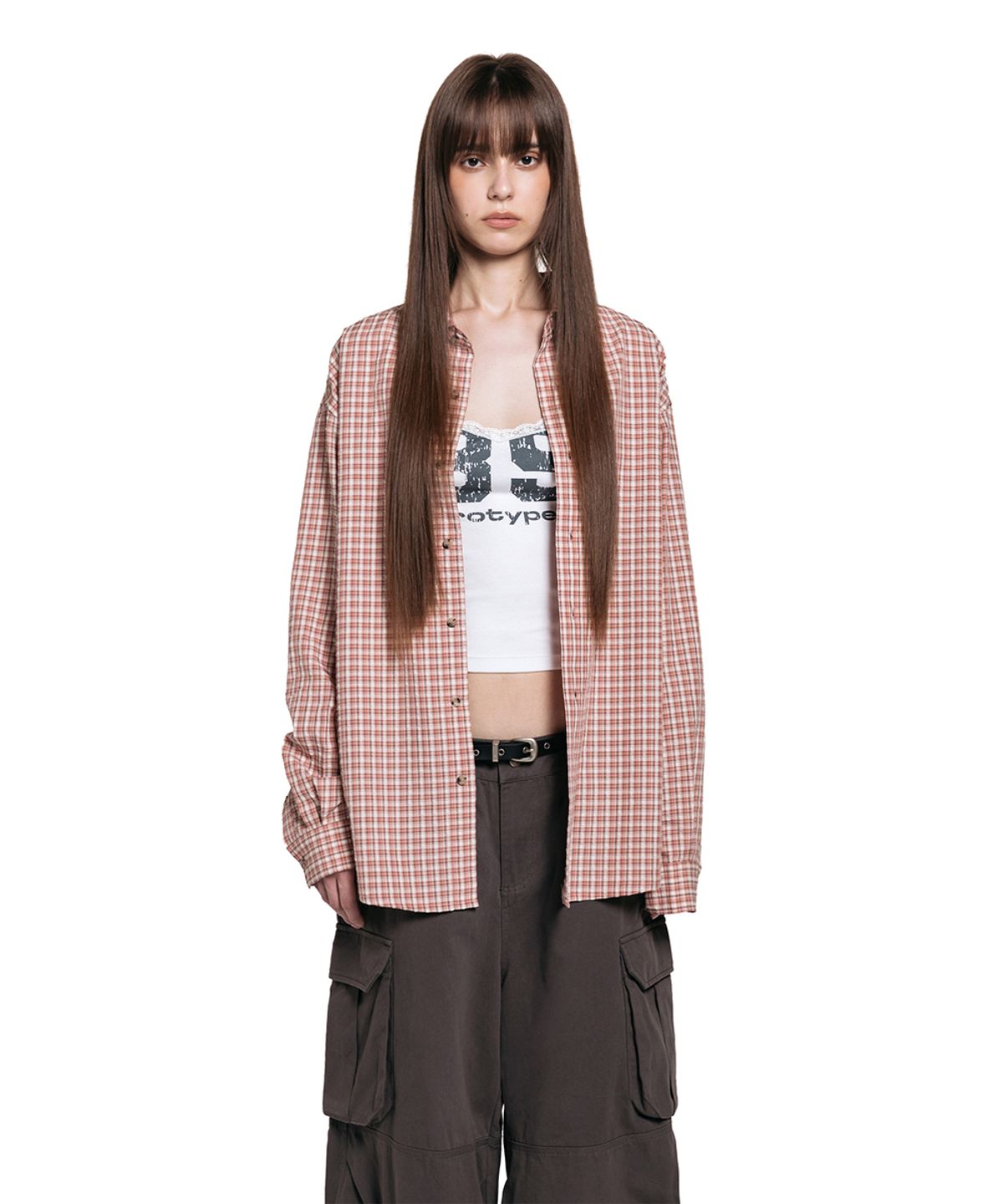 로타입(ROUGHTYPE) OverFit Embroidery Check Shirt - Pink